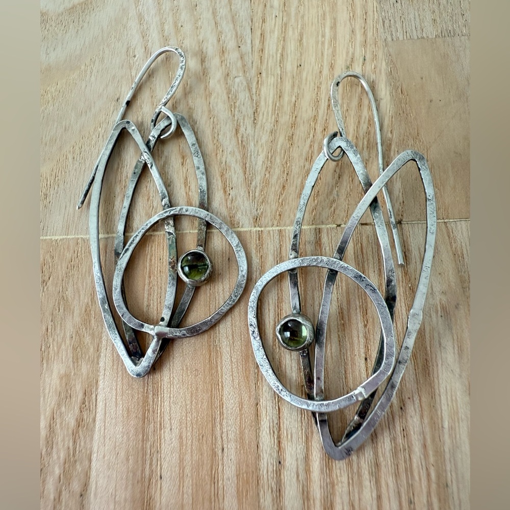 Handcrafted Artisan Silver Abstract Shape Green S… - image 4